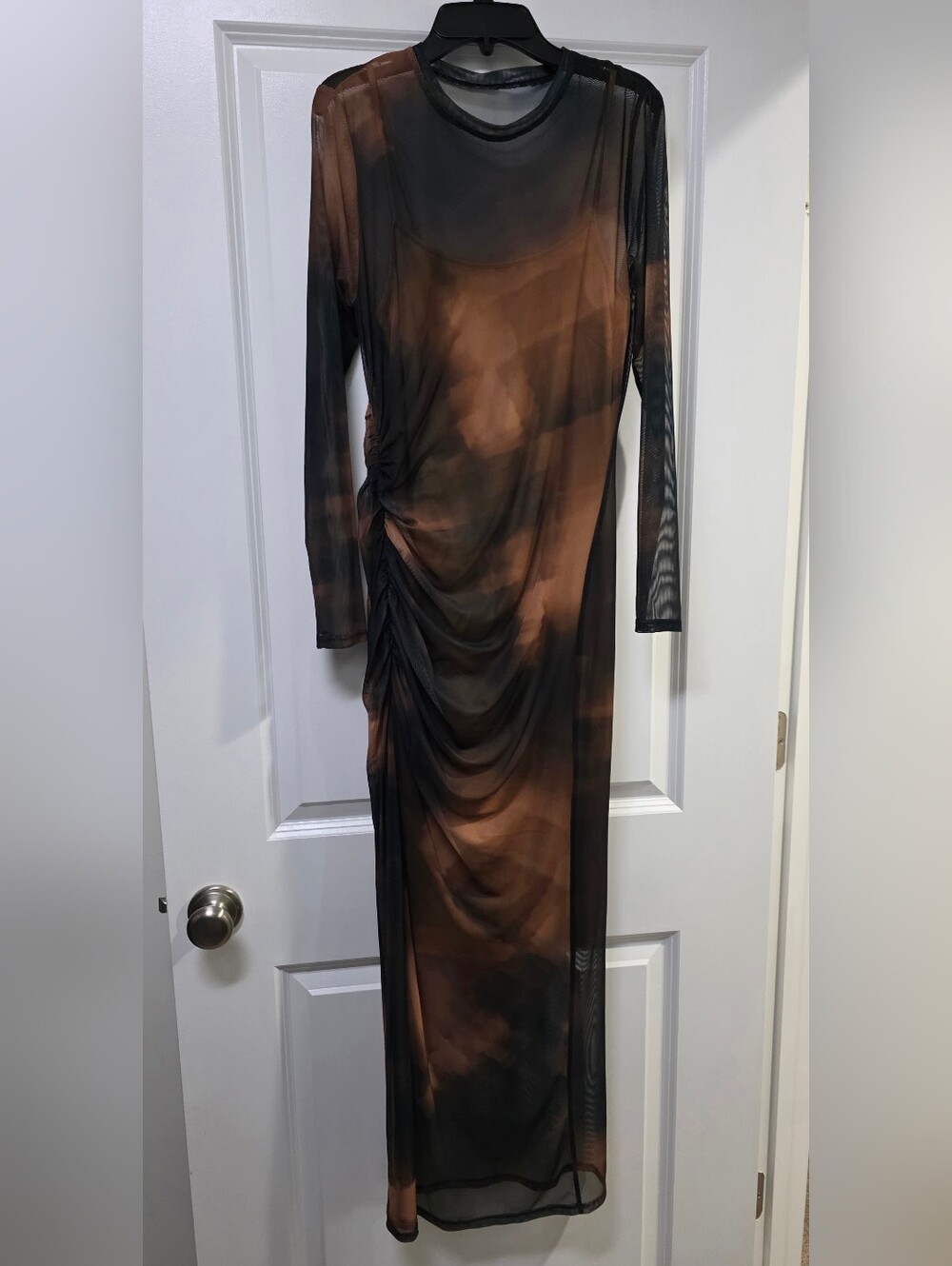 Express Long-Sleeve Ruched Mesh Maxi Dress in Brown and Black